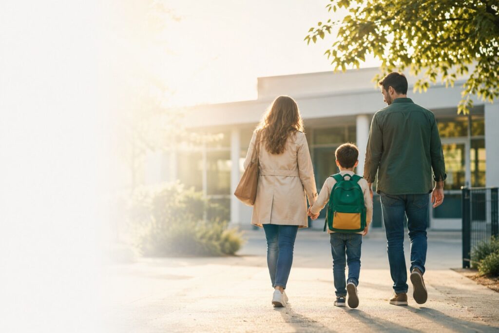 Familia acompañando a su hijo a la entrada de un colegio