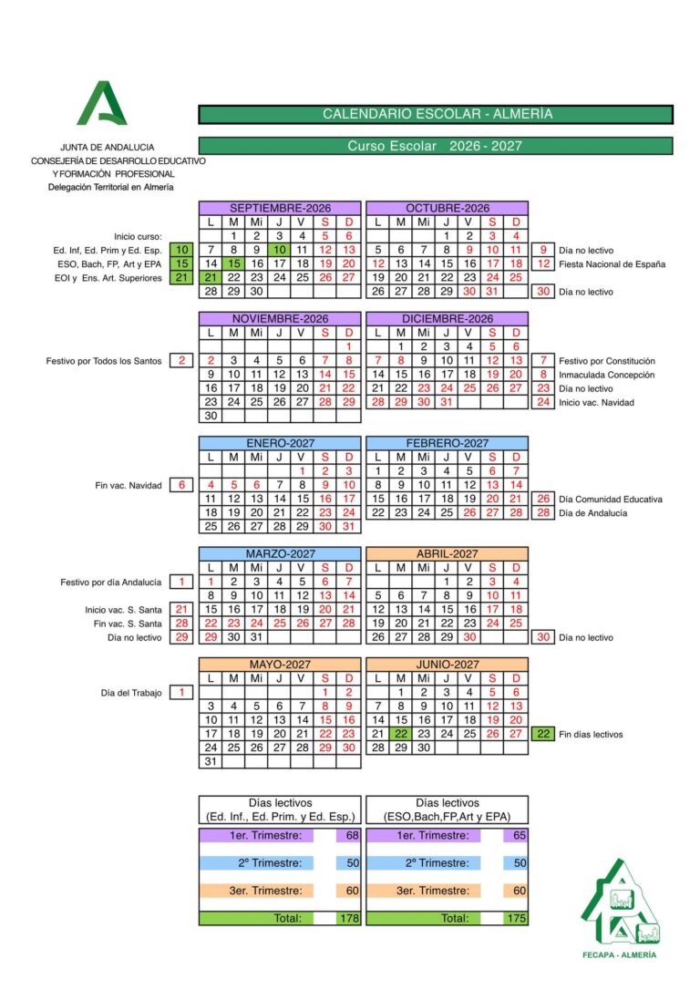 Calendario escolar 2026-2027 en Almería